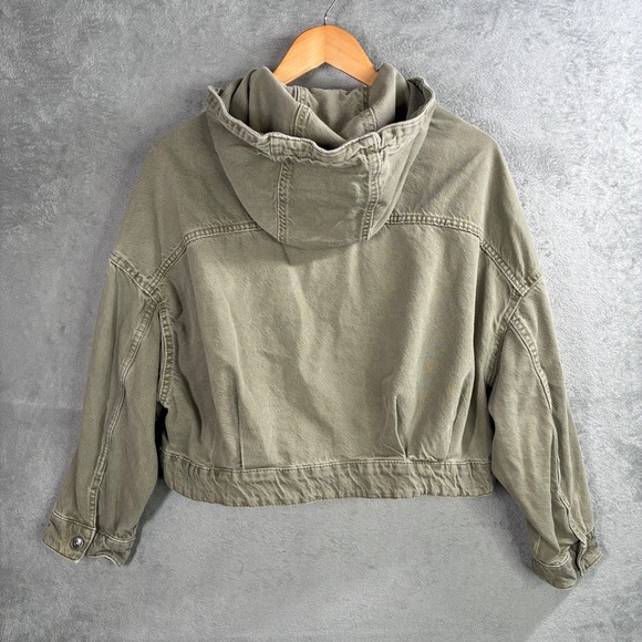 Zara Cropped Utility Jacket Hooded Olive Green Button Front Women Medium Y2k - Picture 2 of 5